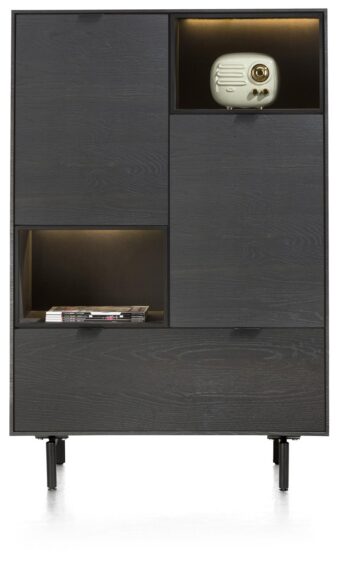 Xooon ELEMENTS highboard 90 cm. - 2-deuren + 1-lade + 2-niches + led incl. metalen poten onyx