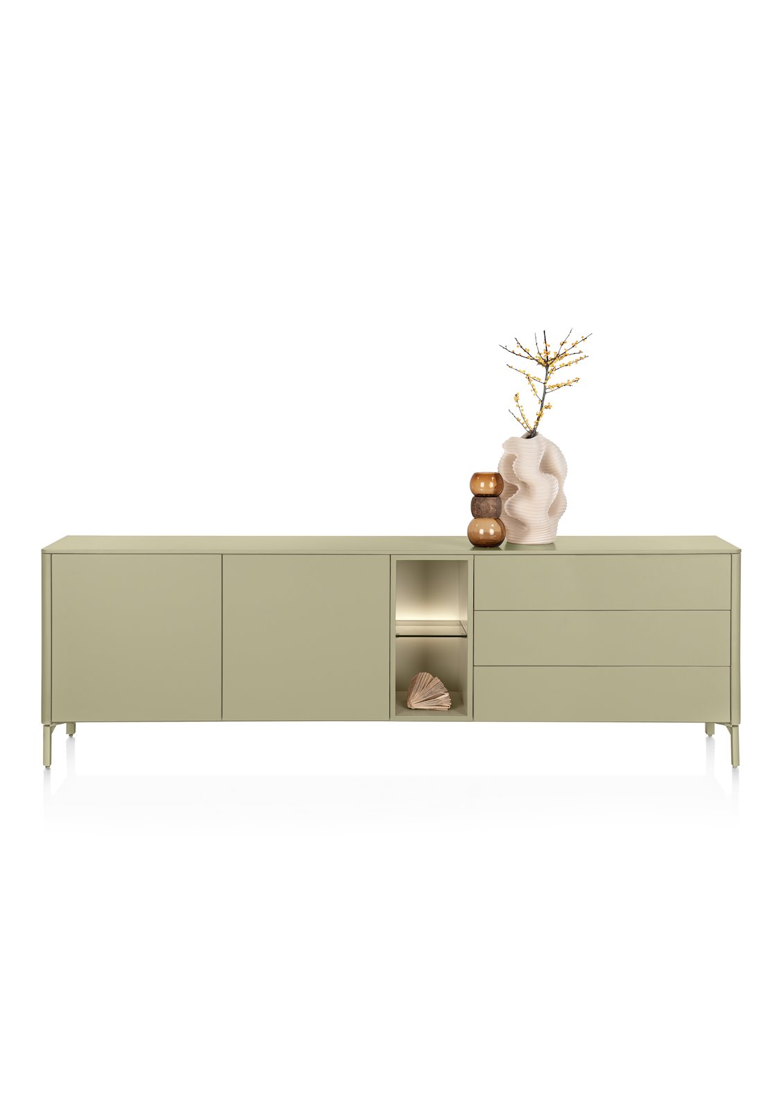 Xooon TRENTINO dressoir 240 cm – 2-deuren + 3-laden + 2 niches + led, olijf