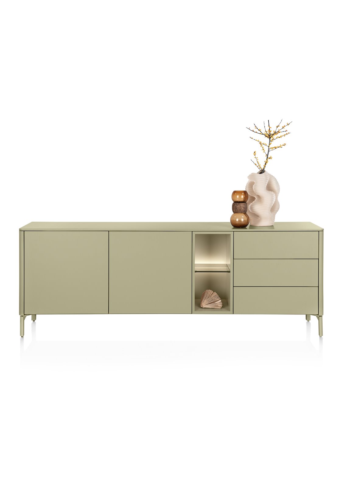Xooon TRENTINO dressoir 210 cm – 2-deuren + 3-laden + 2 niches + led, olijf