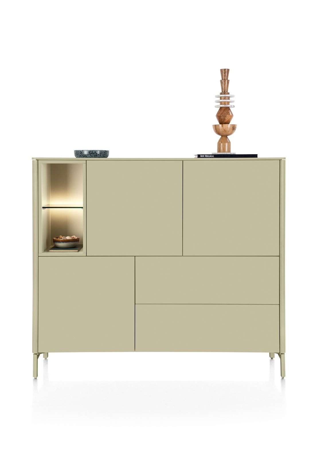 Xooon TRENTINO dressette 153 cm – 3-deuren + 2-laden + 2 niches + led, olijf